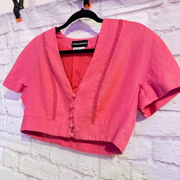Donna Morgan Cropped Jacket/Top LINEN pink with shoulder pads! SZ 10 - Picture 2 of 5